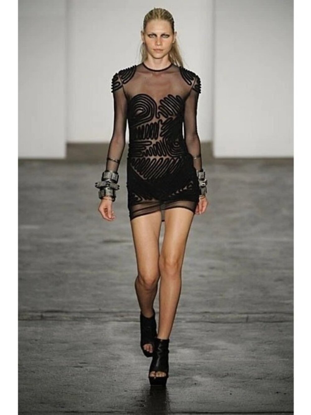 Alexander Wang S Black Sheer Long Sleeve Mini Dress Intricate Spiral Applique